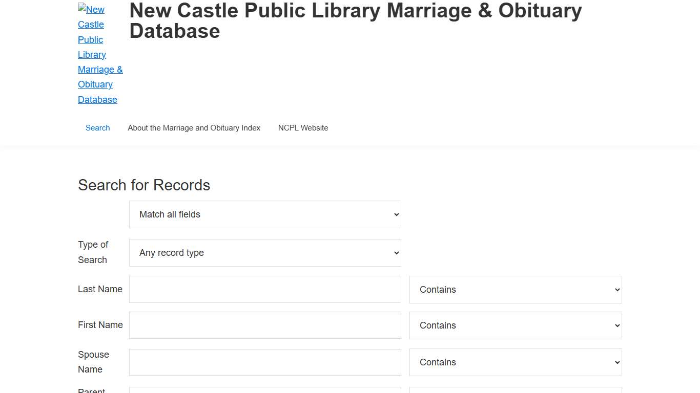 Search for Records - New Castle Public Library Marriage & Obituary Database